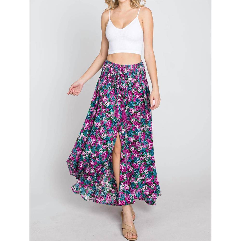 NEW EE:SOME floral maxi skirt with smocked waist & button front in fuchsia - Picture 1 of 8
